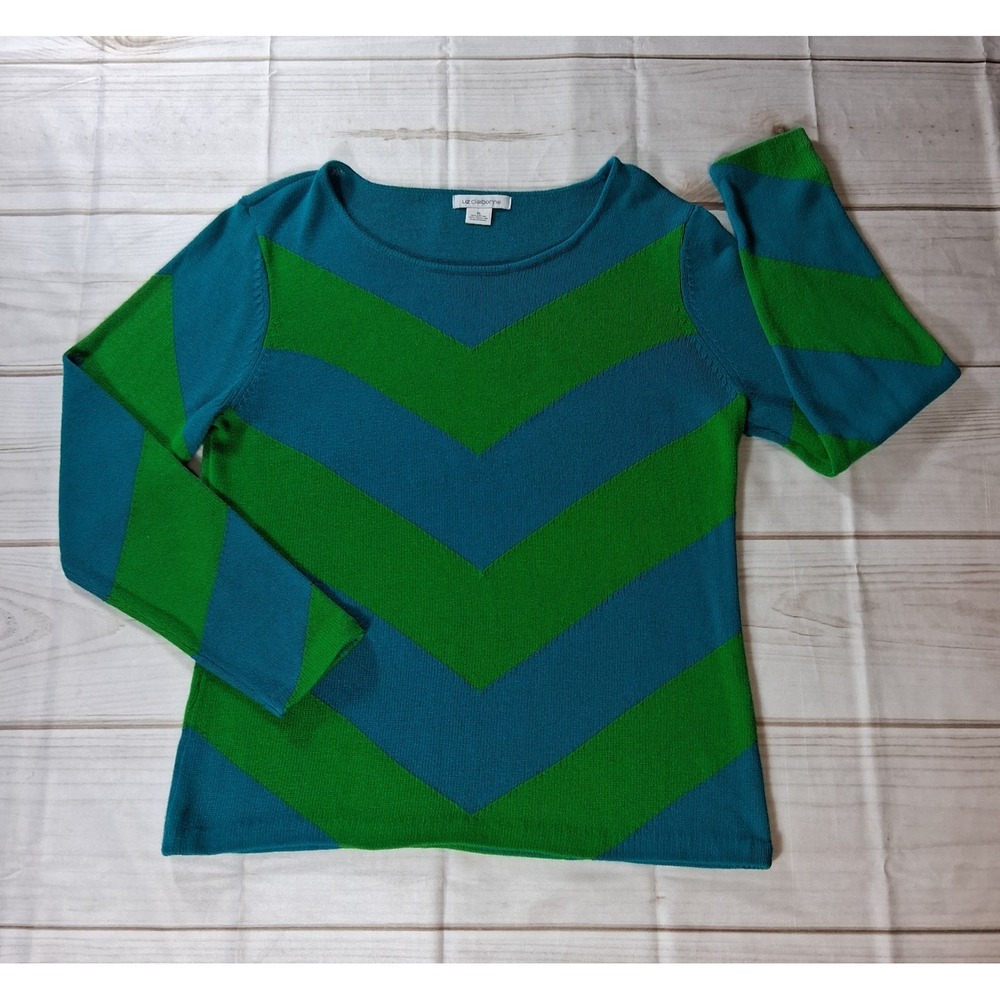 Liz Claiborne Women XL Sweater Green Blue Wide Stripe Chevron Lightweight Knit